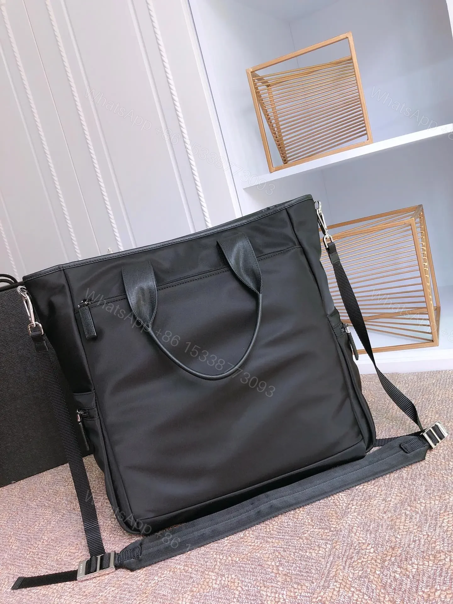 View 2 of TOTE BAG 38 IN BLACK RE-NYLON AND SAFFIANO LEATHER TRIM