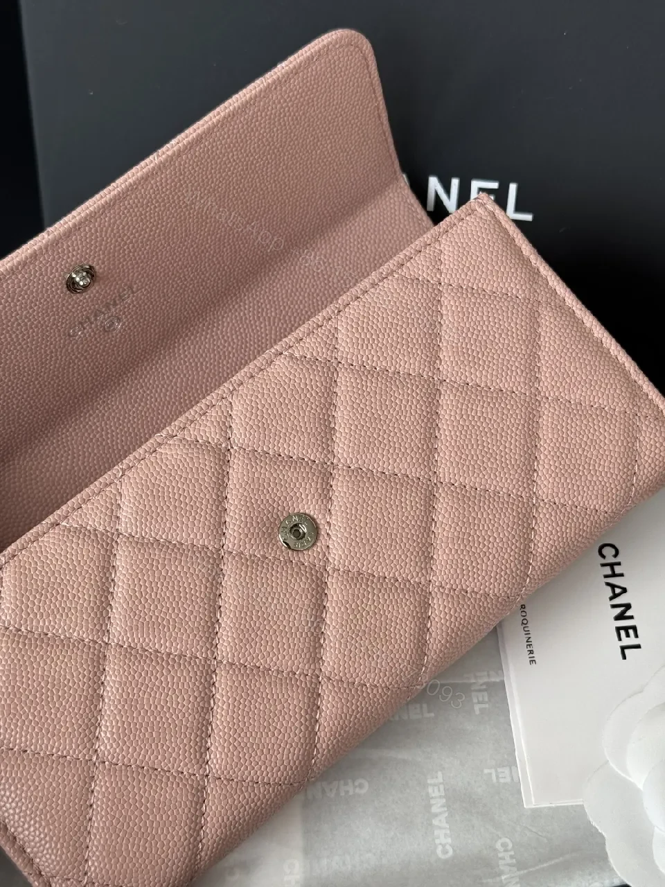 View 8 of Soft Pink Quilted Wallet with Silver Emblem - Compact Luxury Wallet
