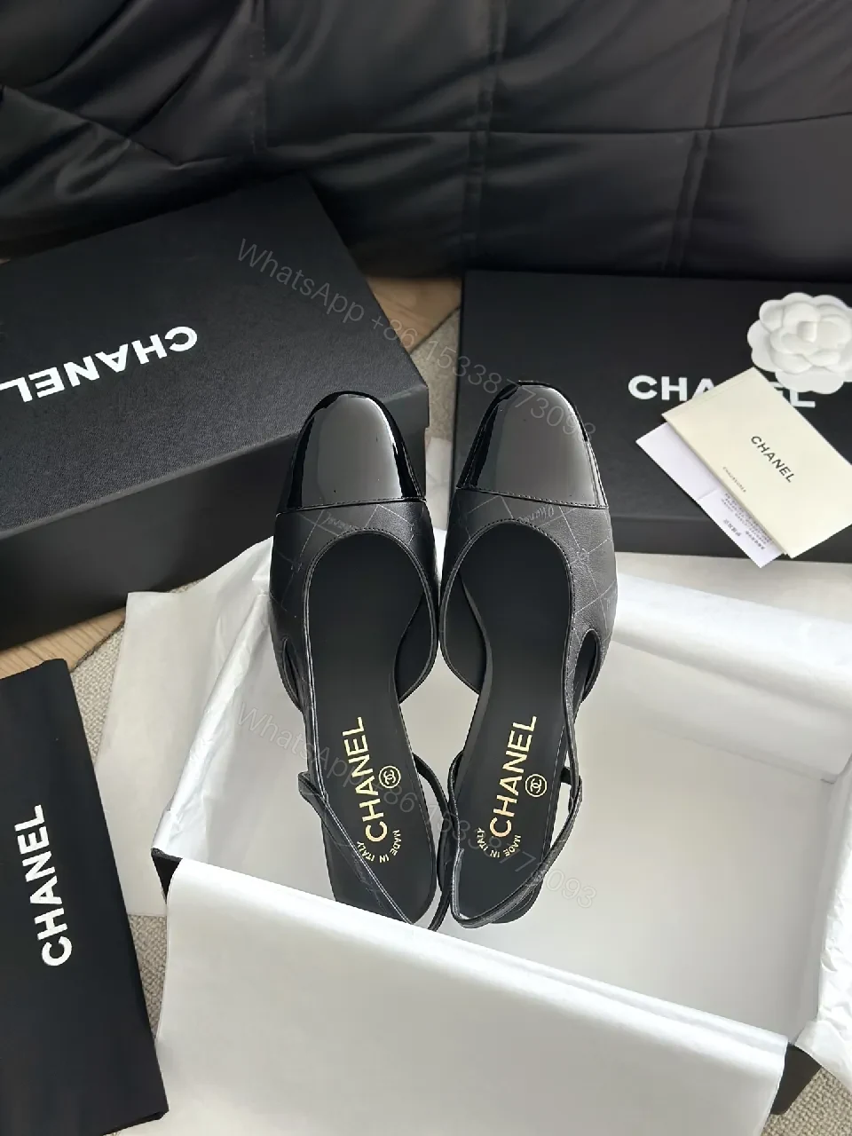 View 8 of Black Leather Slingbacks with Cap Toe – Quilted, Durable Comfort