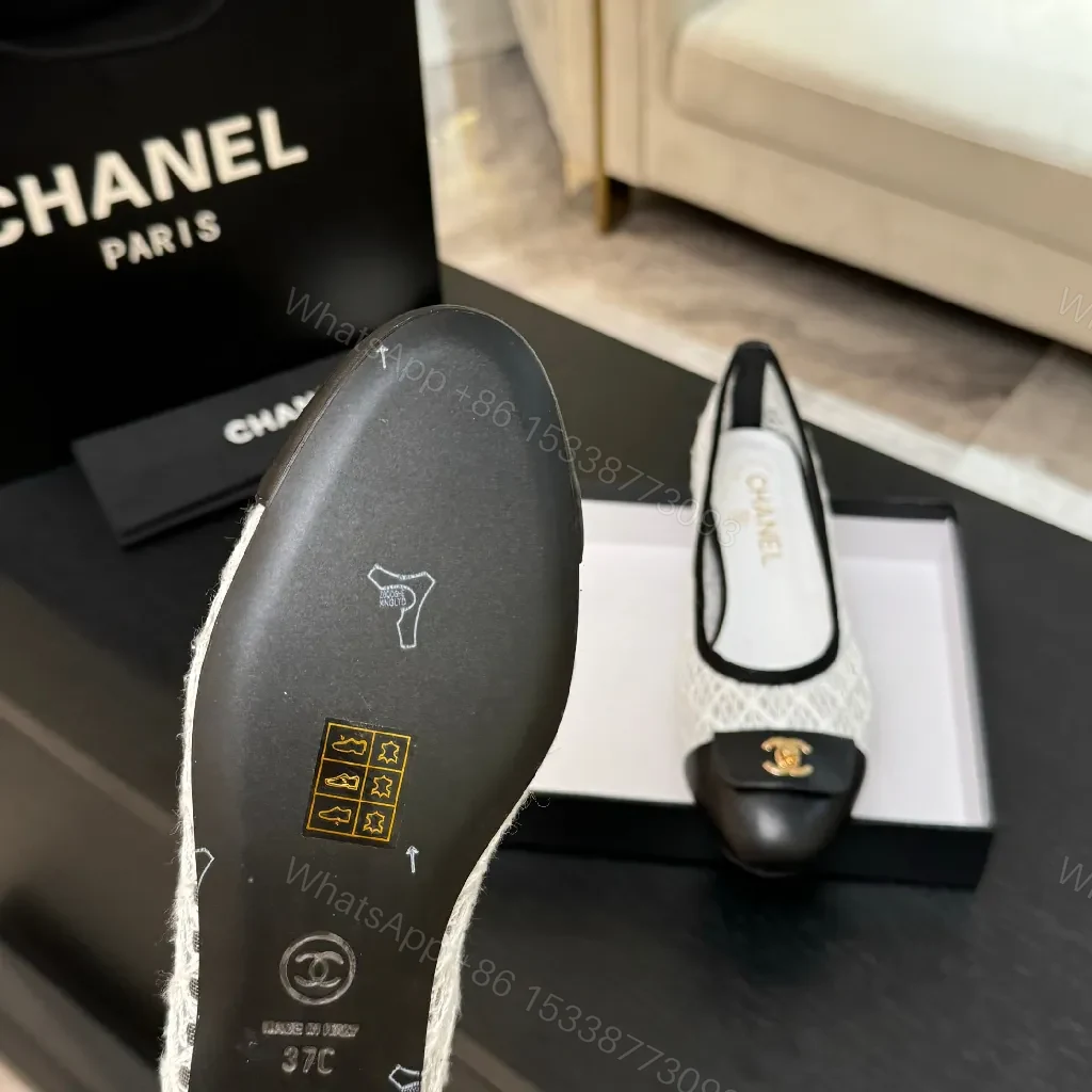 View 8 of Ivory Lace-Trim Black Leather Cap-Toe Ballet Flats with Gold Hardware
