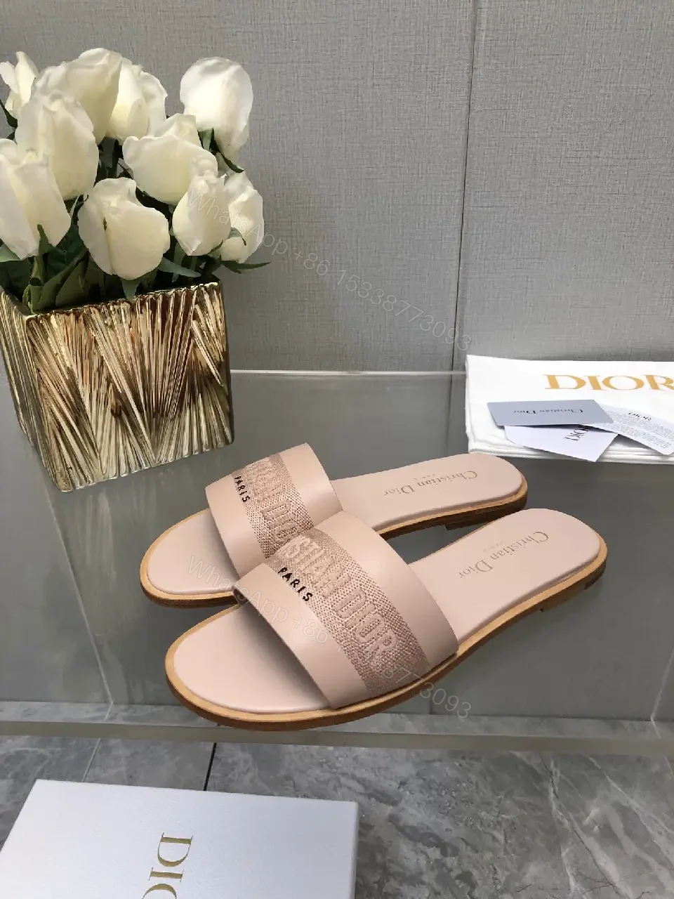 View 4 of Pink Beige Leather Slide Sandals with Dior Band - Paris Theme