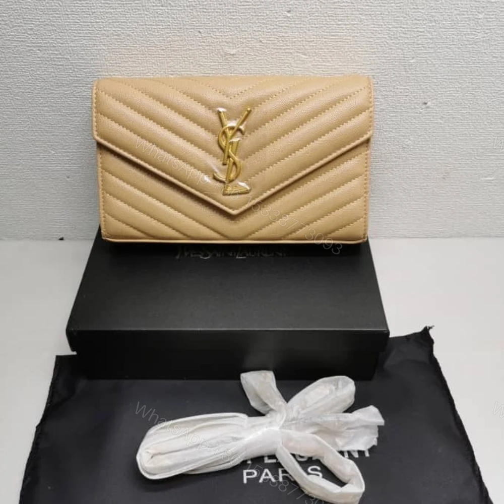 View 2 of Saint Laurent Cassandre Matelassé Chain Wallet In Grain De Poudre Embossed Beige 22Cm