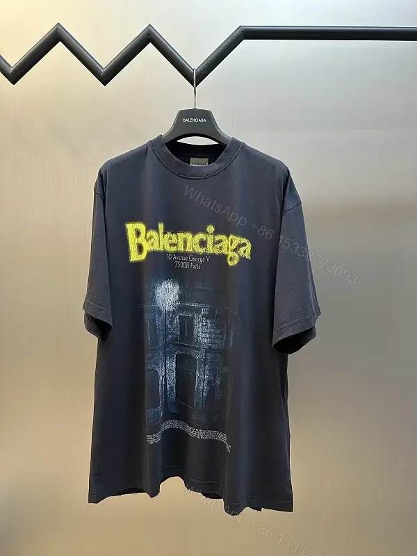 Dark Navy/Black Oversized Tee with Yellow Balenciaga Logo Graphic — view 1