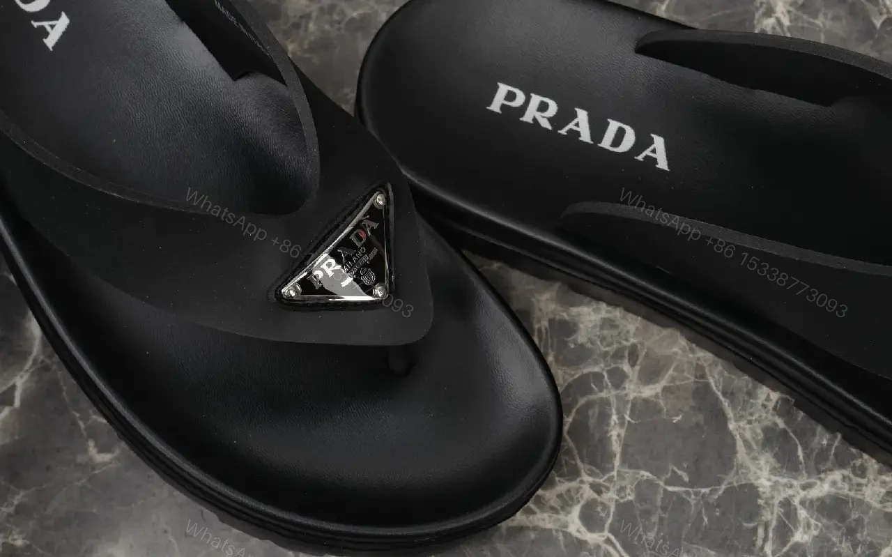 View 5 of Black Leather Flip-Flops Modern Minimalist Prada Slip-On Style Beach Footwear
