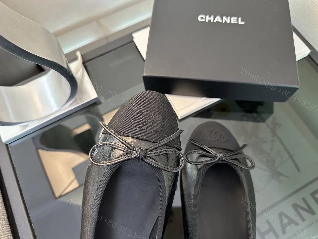 View 2 of Black Leather Bow-Detail Ballet Flats, Designer-Inspired Comfort