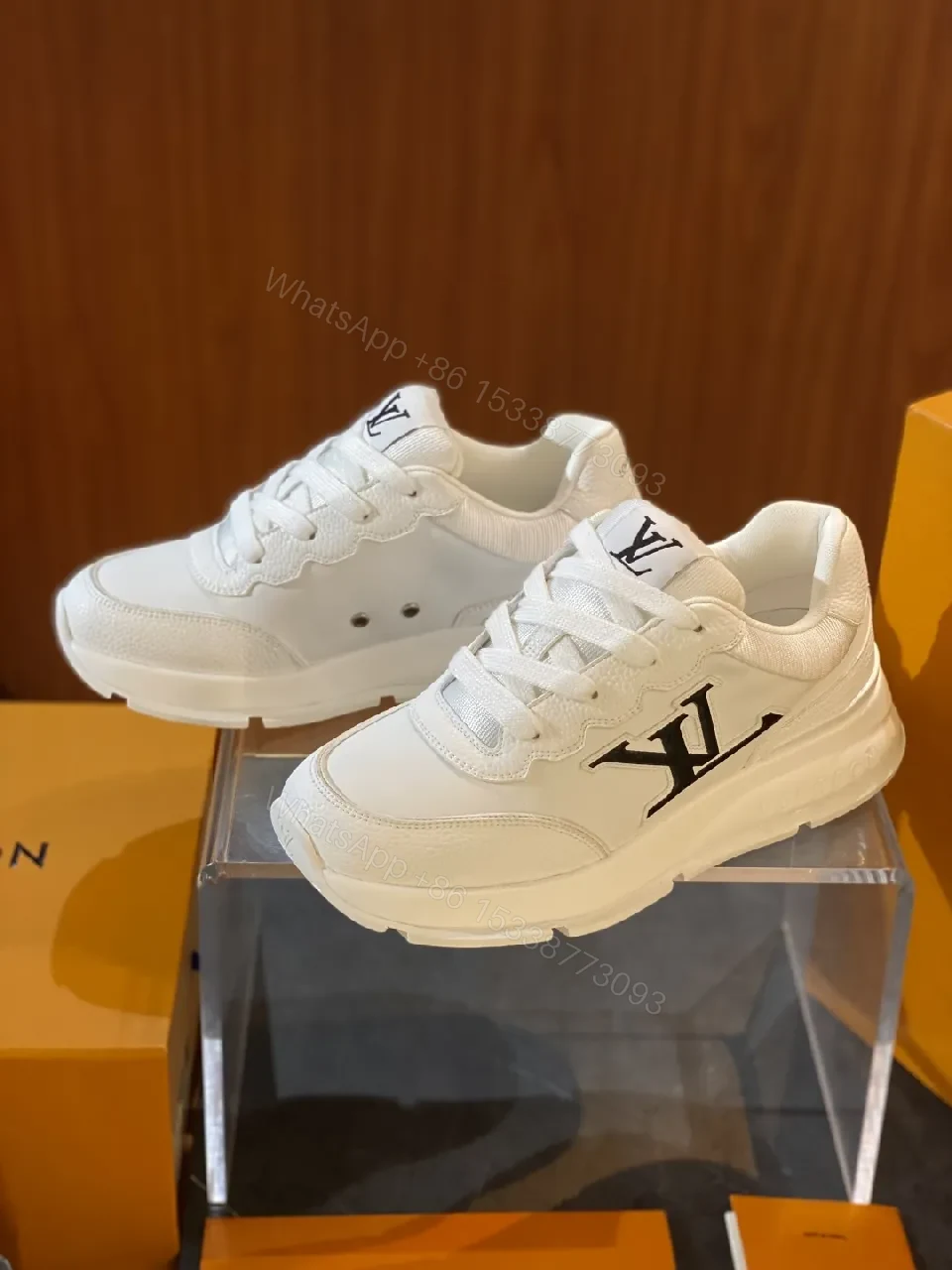 White Leather Minimal Sneakers with LV-Inspired Accent — view 1