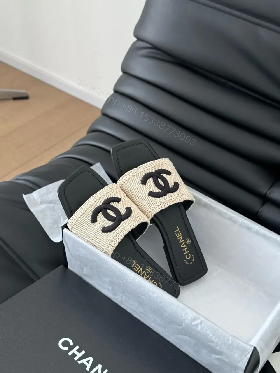 View 3 of Beige Canvas Slides with Interlocking Logo, Luxe-Style Comfort