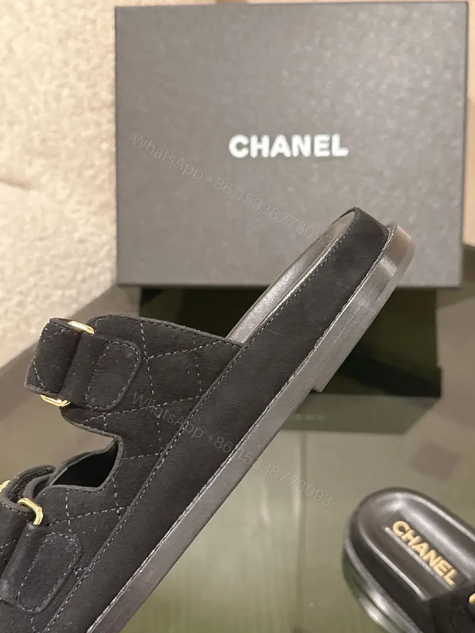 View 2 of Quilted Black Sliders with Gold Hardware — Everyday Luxury
