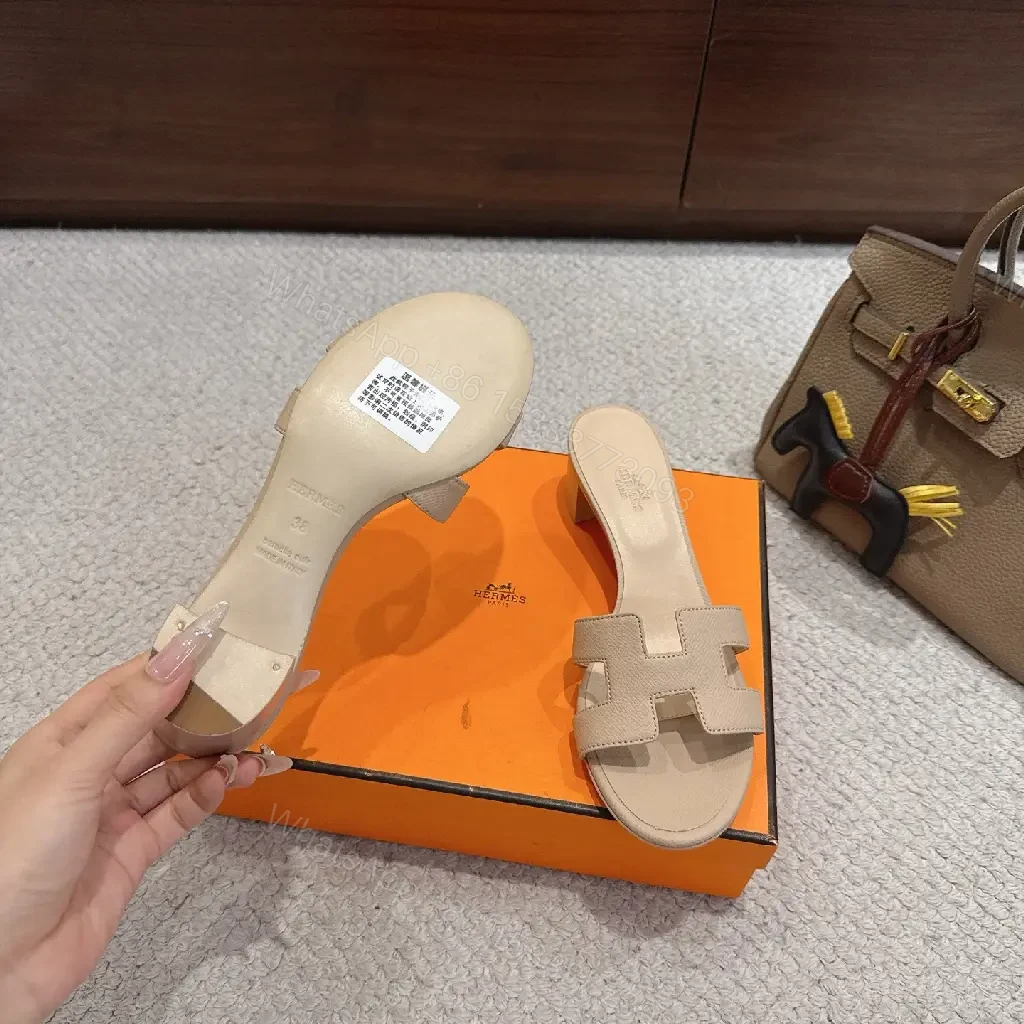 View 10 of Beige Leather Slide Sandals Hermès Style Comfort Shoes