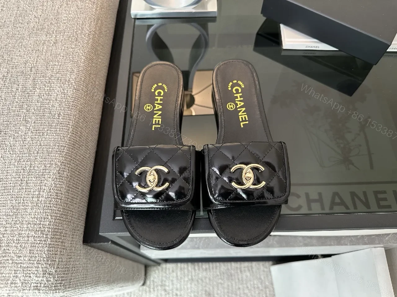 View 9 of Black Quilted Slide with Gold Logo — Luxe Comfort Slide