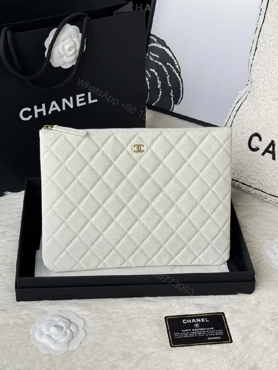Quilted Leather Pouch, Light Pearl, Luxe Style, Zippered Organizer — view 1