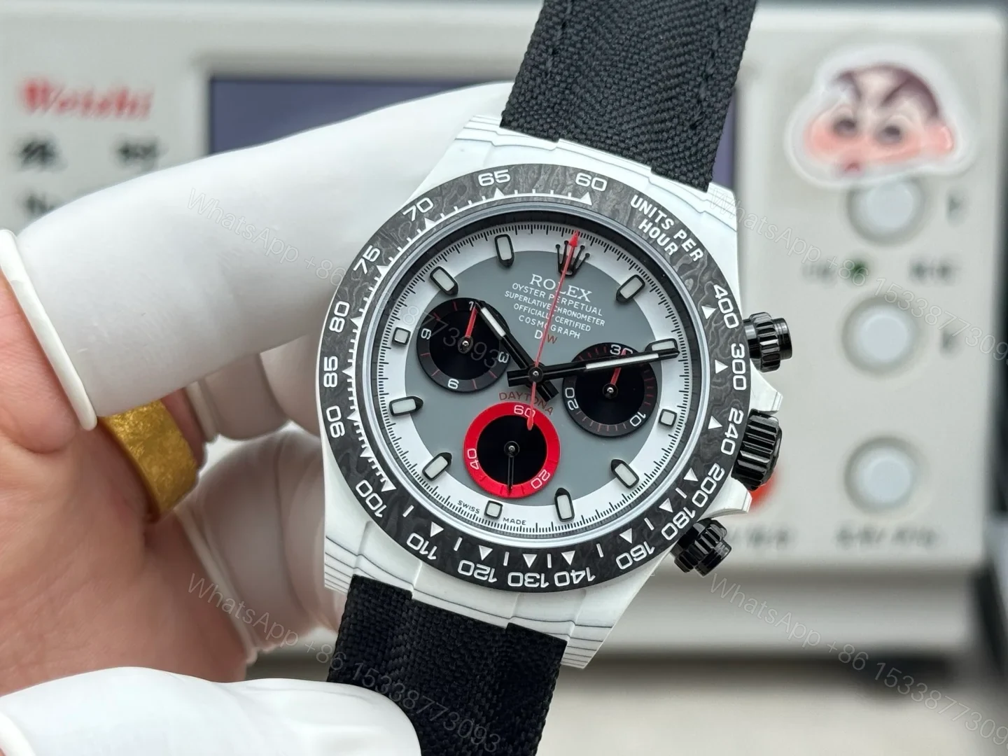 View 3 of Rolex Daytona Carbon Fiber Replica 40MM Premium Black Fabric Strap Custom Edition RG-ROLEX-DAYTONA-BLACK-FIBER