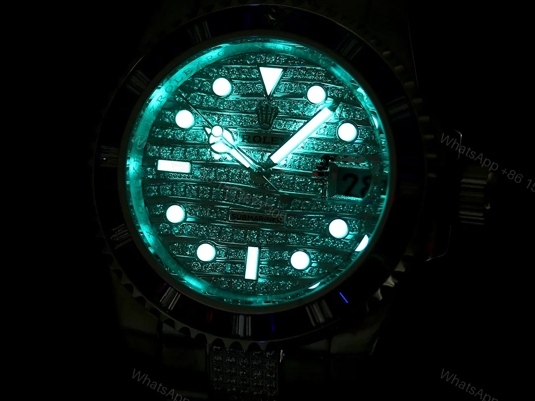 View 5 of Rolex Submariner Rainbow Diamond Replica 42MM Premium Meteorite Dial Pavé Oyster Bracelet RG-ROLEX-SUB-RAINBOW-DIAMOND-42
