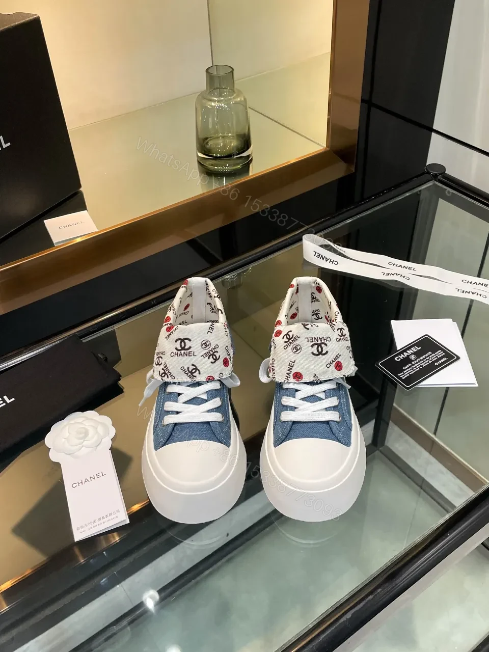 View 2 of Chic Denim High-Top Sneakers with Logo Cuff
