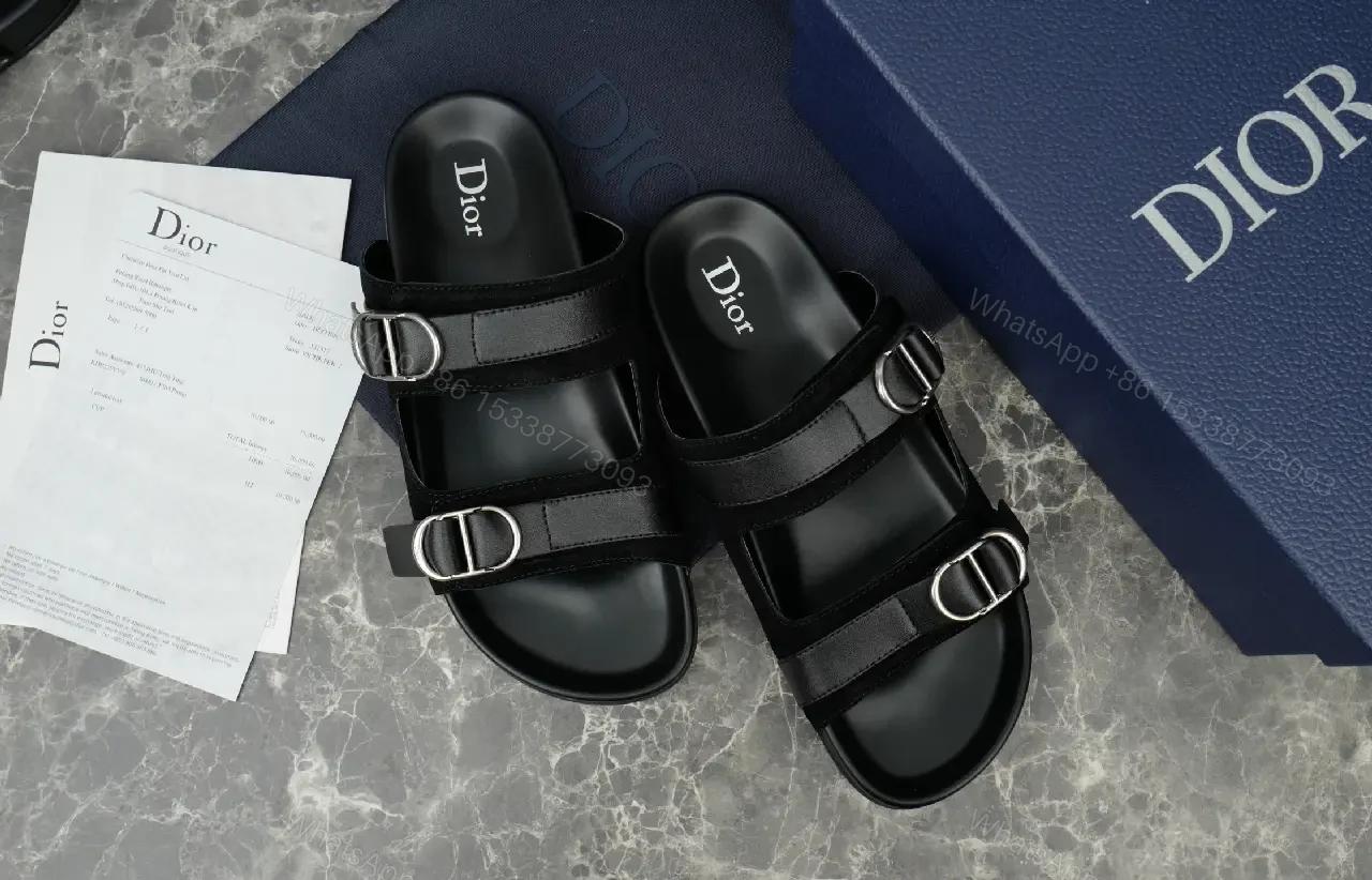 View 3 of Black Leather Double-Buckle Sandals, Dior Style, Slide Sandal