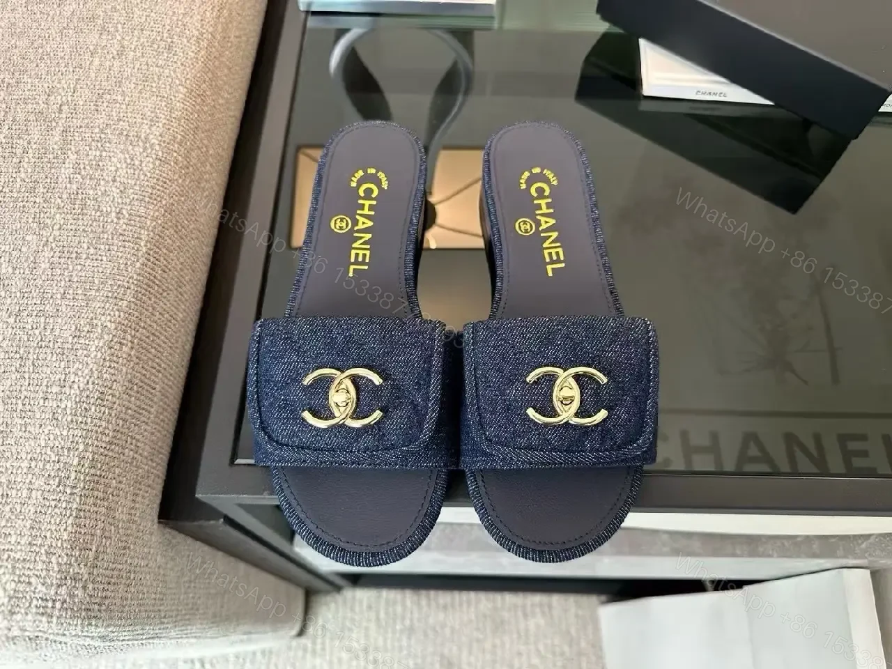 View 5 of Denim Slides with Gold Emblem – Luxe Casual Comfort