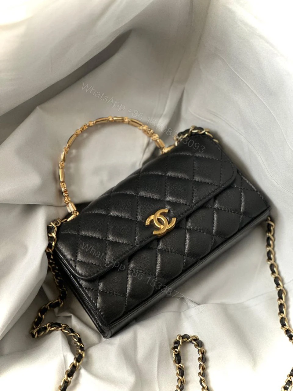 View 3 of Chanel Lambskin Enamel Quilted Top Handle Flap Phone Holder With Chain