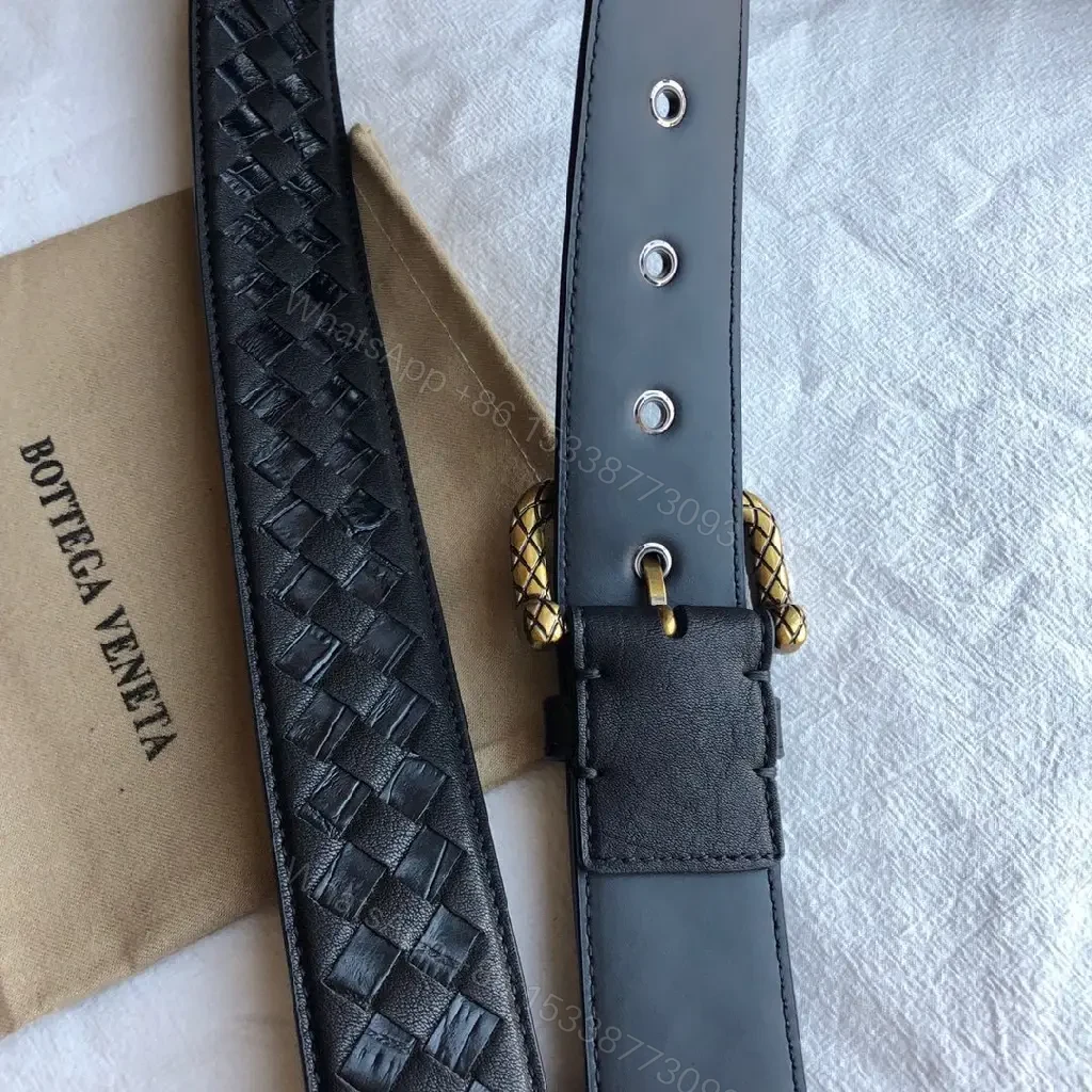 View 2 of Intrecciato Leather Belt with Brass Buckle — Luxury Everyday