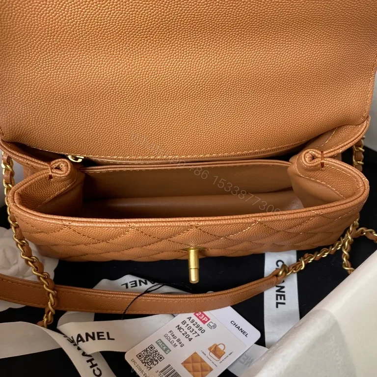 View 4 of Chanel-Inspired Quilted Mini Bag, Caramel Leather, Gold Chain, Versatile Carry