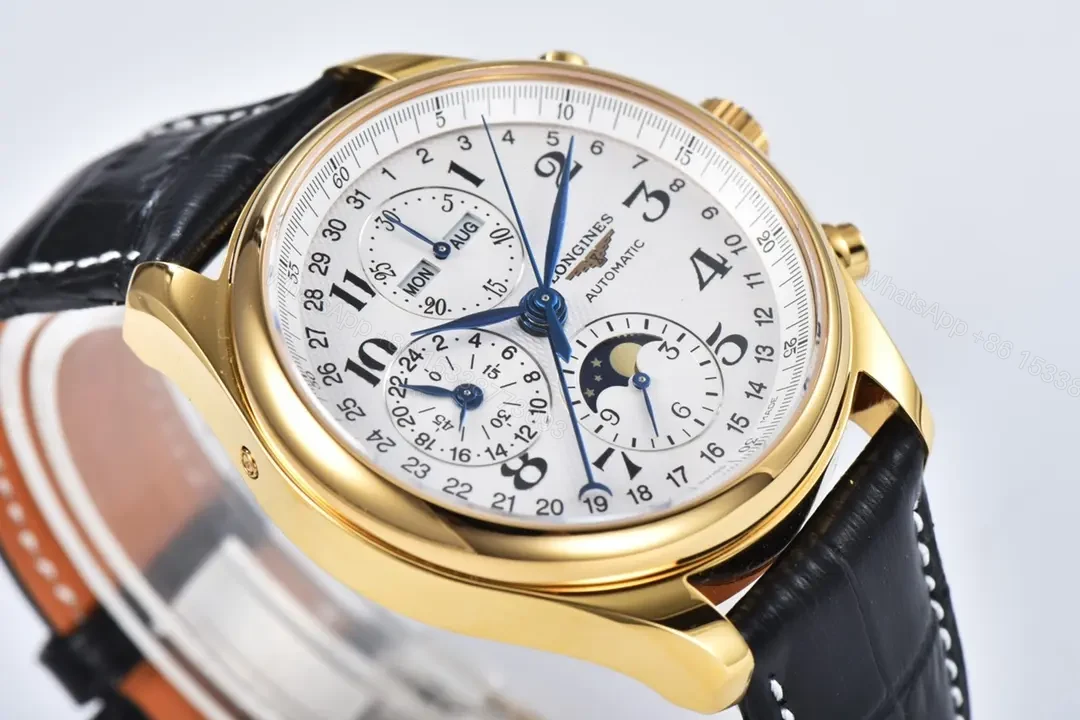 View 4 of Longines Master Collection Moon Phase Chronograph Watch Gold Case Black Leather Strap White Dial