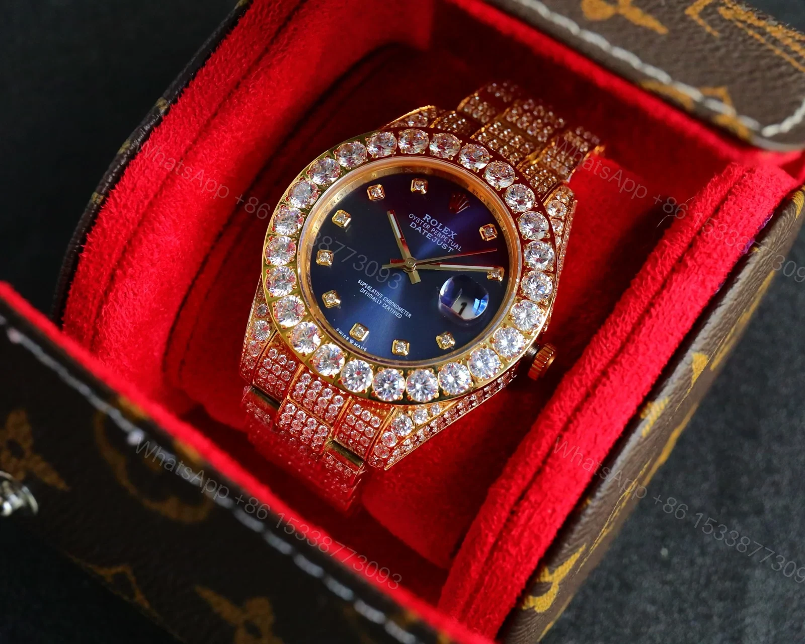 View 5 of Rolex Day-Date Gold Blue Iced Replica 42MM Premium Full Gold Bracelet Blue Dial Edition ROLEX-DD-GOLD-BLU-ICED-FULL-42