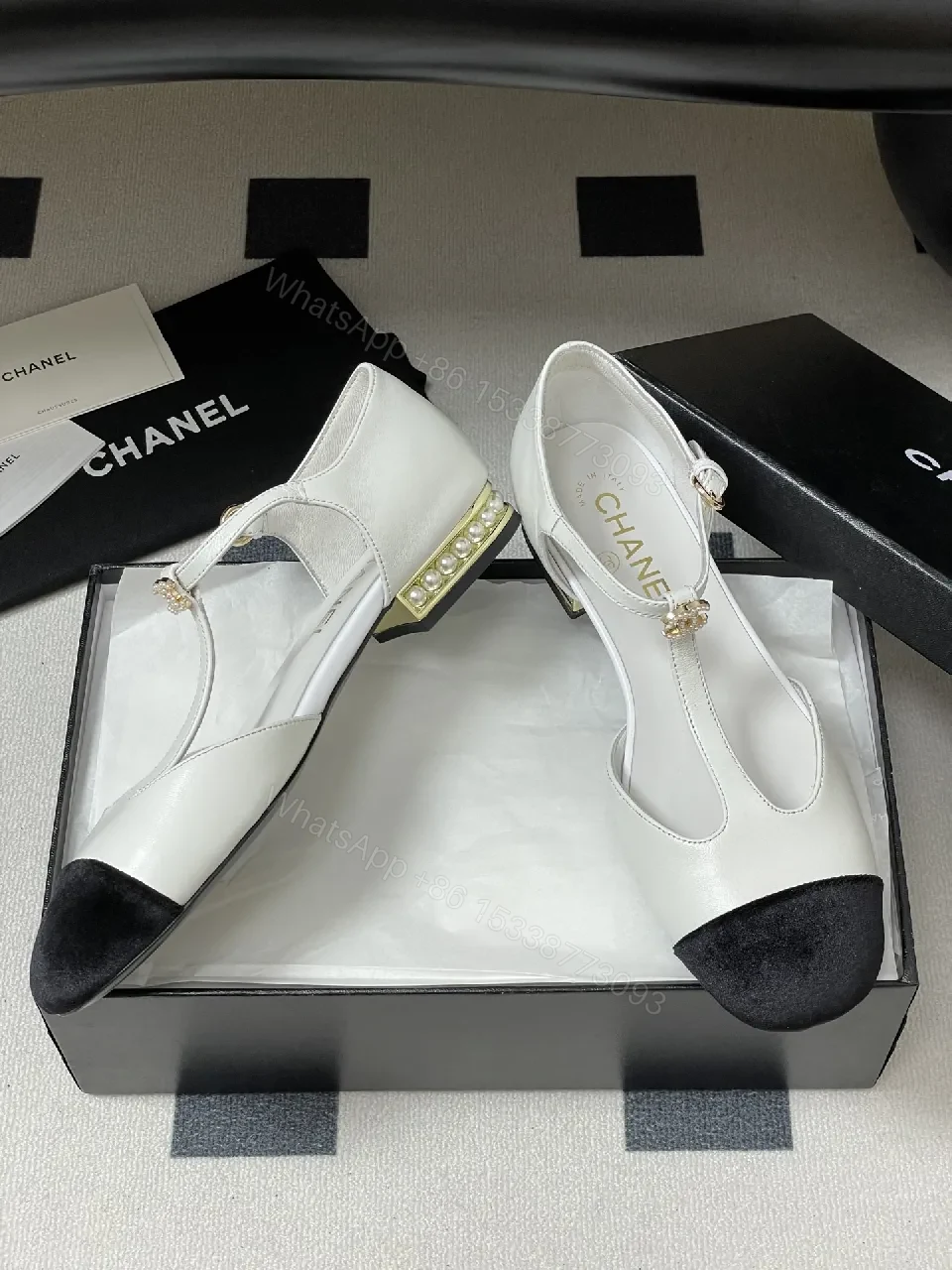 View 2 of White Leather Mary Jane Heels with Black Cap Toe and Pearl Buckle