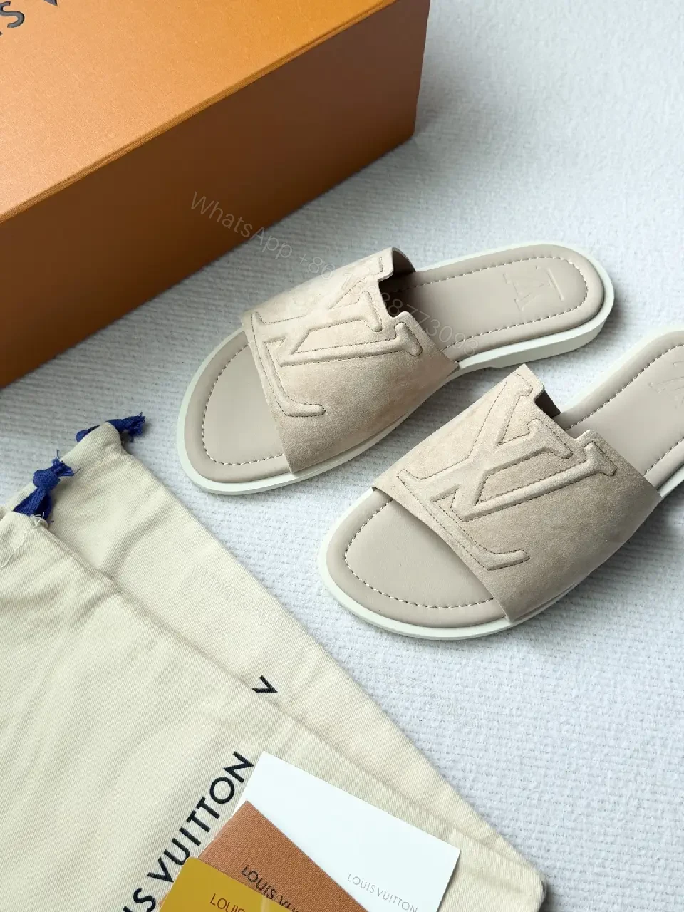 View 7 of Soft-Tone LV-Inspired Suede Slip-On Sandal with Cushioned Footbed