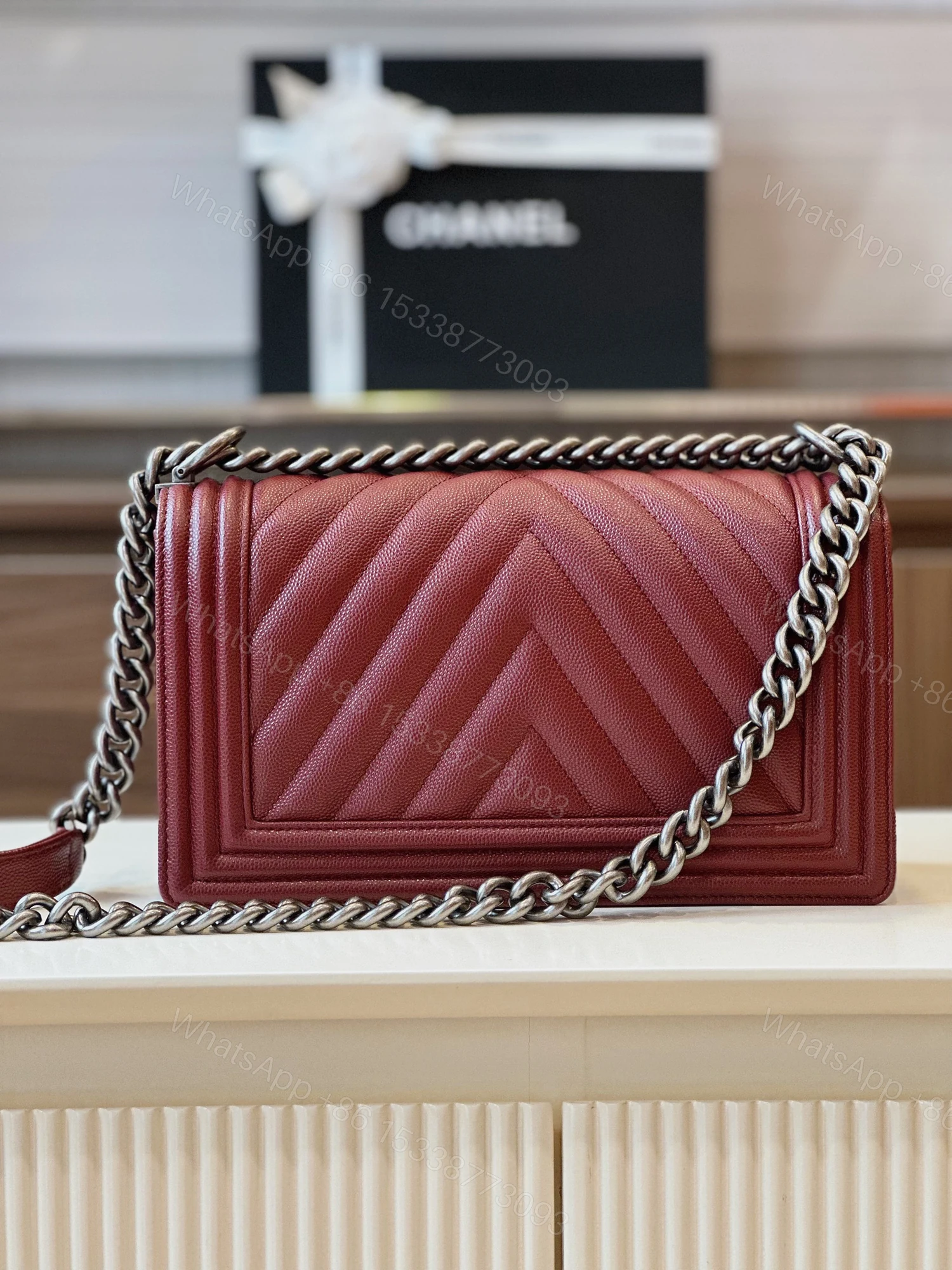 View 5 of Chanel Boy Medium Handbag Woman’s V-Pattern Red Leather 25cm