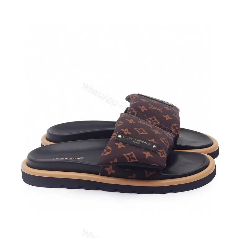 View 3 of Brown Monogram Slides - Luxe Comfort, Elevated Texture