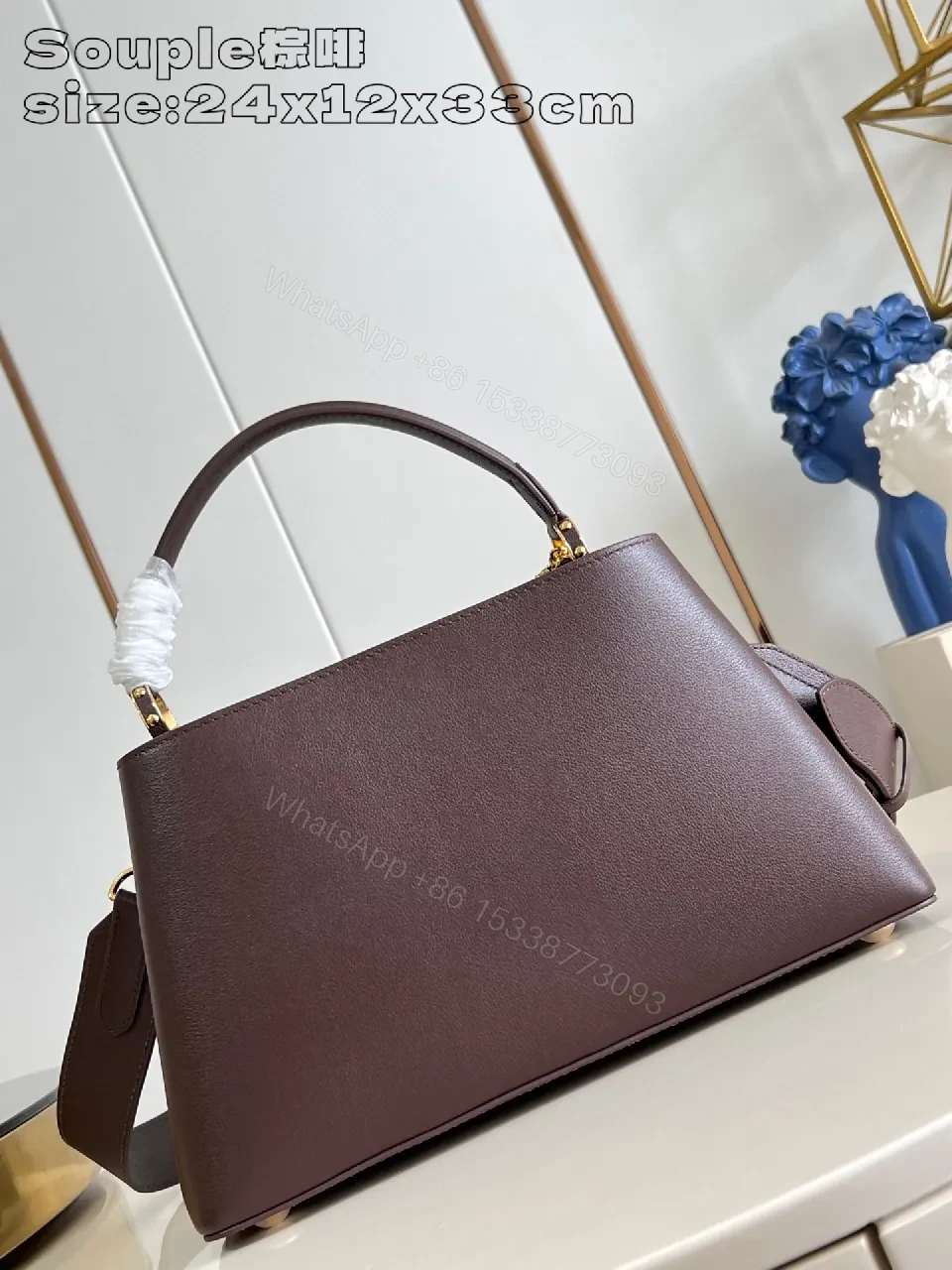 View 5 of Brown Leather Structured Handbag | Gold Hardware, Top-Handle, Crossbody Light