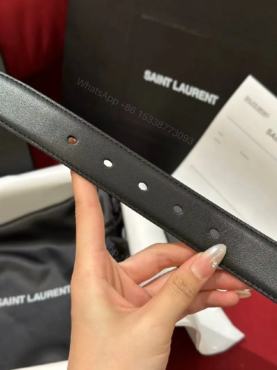 View 4 of Sleek Black Leather Belt with Gold Buckle Detail