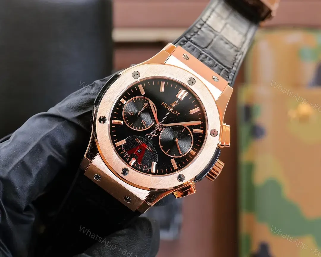 View 3 of Super Clone Hublot Classic Fusion Black Dial Rose Gold Leather Strap Premium 45MM HUBLOT-CF-RG-BLK45