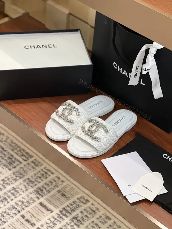 View 6 of Lux White Sparkle Slides - Chanel-Emblem, Luxe Comfort