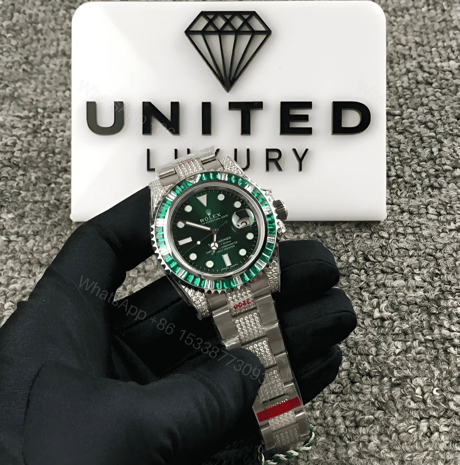 View 2 of Rolex Submariner Hulk 116610LV Diamond Green Dial Iced Out Replica
