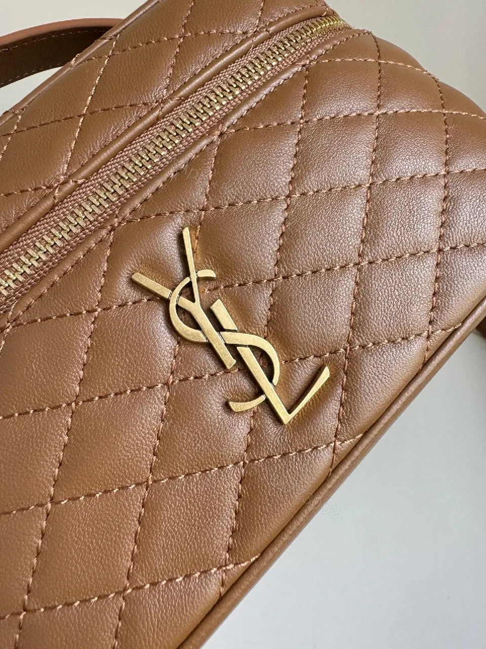 View 8 of Quilted Tan Mini Bag with Gold Hardware, Crossbody Style