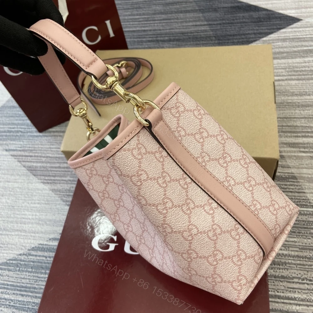 View 5 of GUCCI GG EMBLEM SMALL BUCKET BAG LIGHT PINK COATED FABRIC 21CM 815118 FAD6L 8459