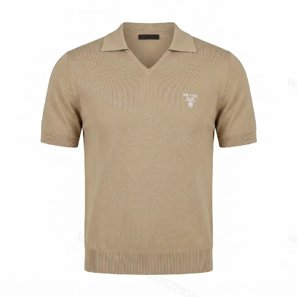 View 8 of Beige Knit Polo Shirt with V-Neck, Minimalist