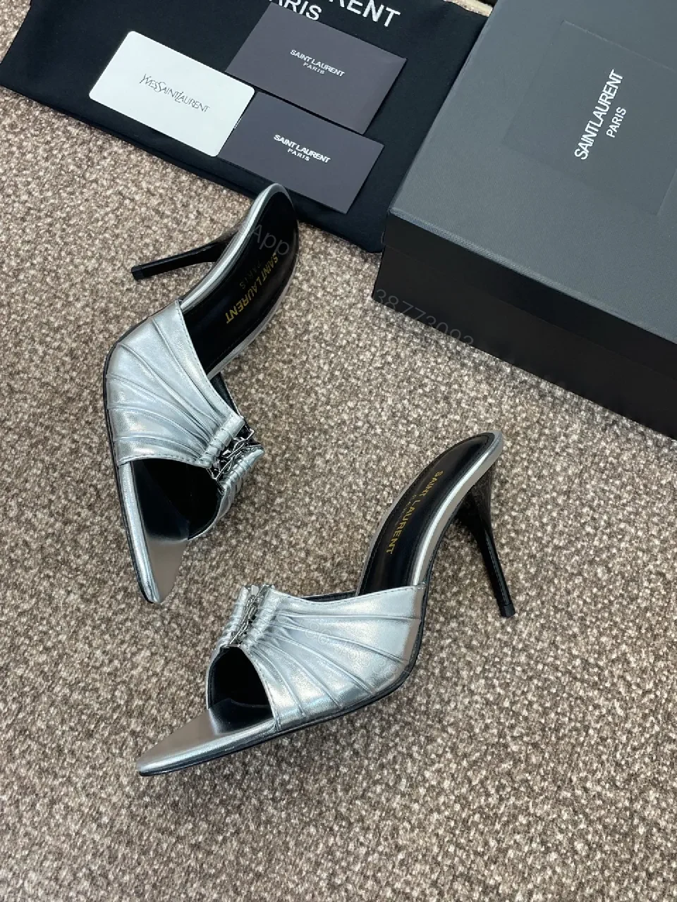 View 5 of Metallic Pointed-Toe Mule Heels with Signature Hardware Realized