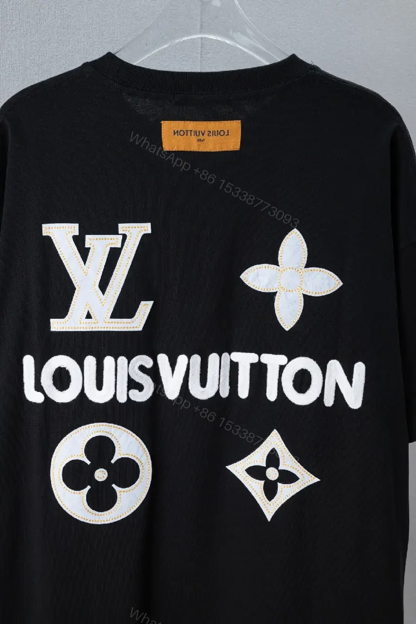 View 5 of Black Cotton Oversized Tee with White LV Logo Applique T-shirt