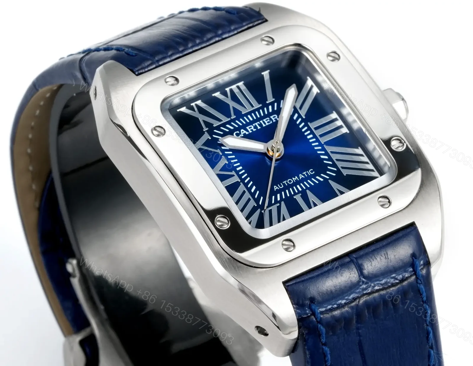 View 8 of Premium Cartier Santos 100th Anniversary replica Blue Leather Strap Edition RG-CARTIER-SANTOS-100-BLUE-LEATHER