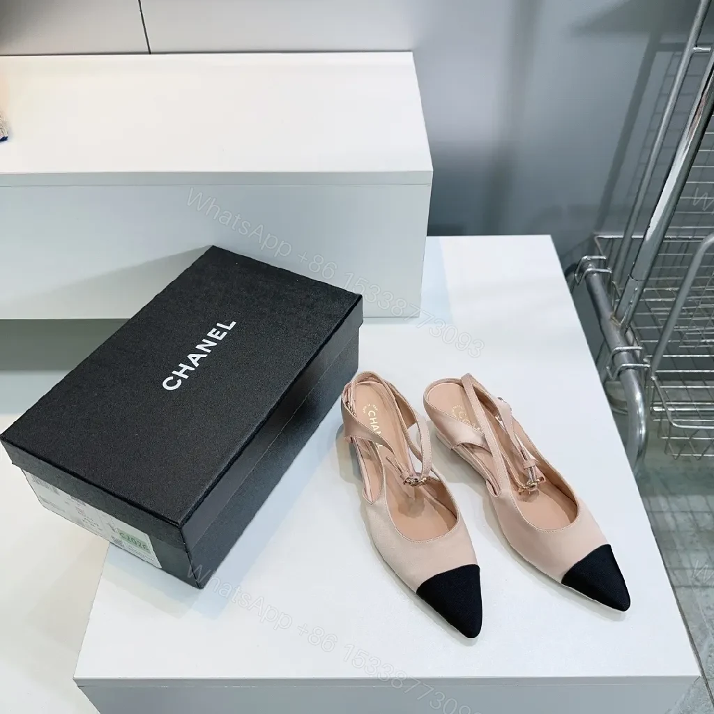 View 4 of Nude Leather Slingback Pumps with Black Cap Toe