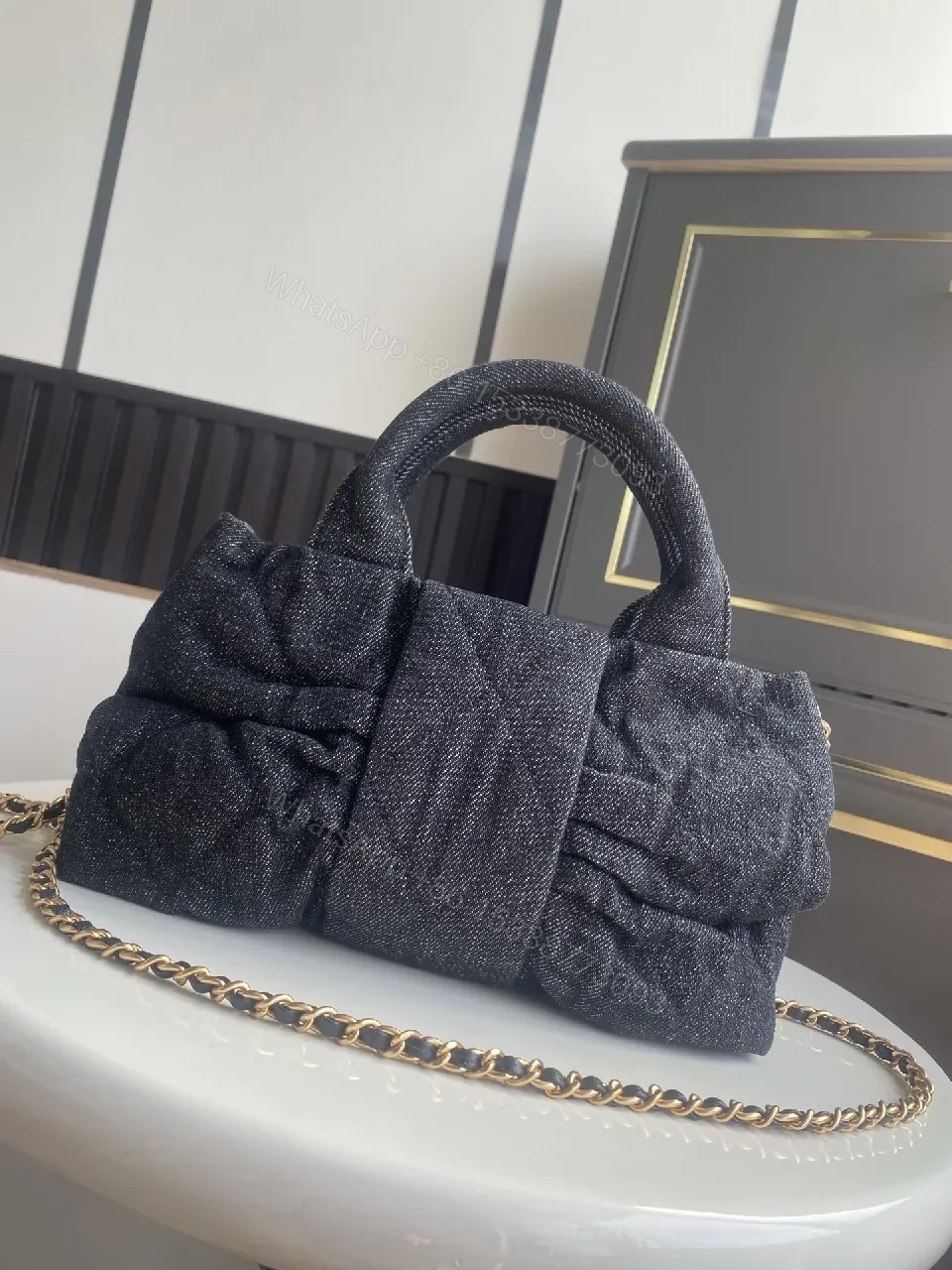 View 3 of Chic Black Denim Mini Bag with Gold Emblem
