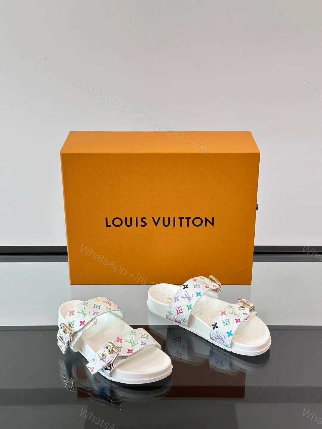 View 5 of LV Men White Multicolor Pattern Leather Sandals