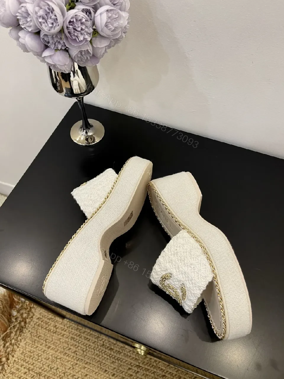 View 4 of White Textured Slide Sandals with Gold Logo, Open-Toe Mule Product