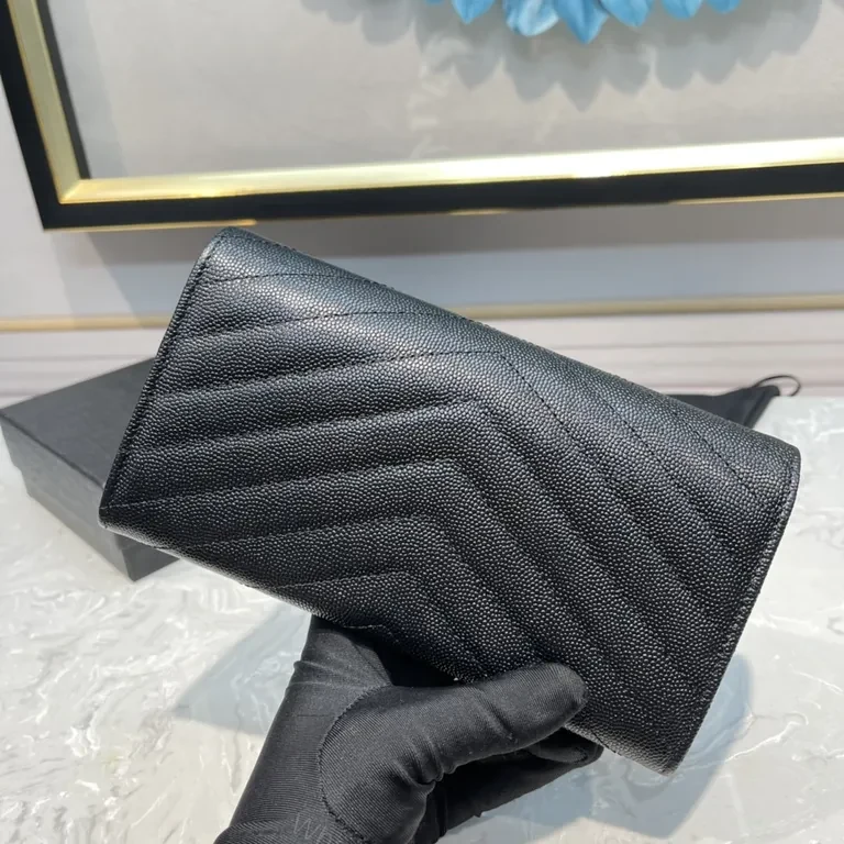 View 4 of Pebbled Leather Envelope Wallet - YSL Hardware, Black, Luxury Style