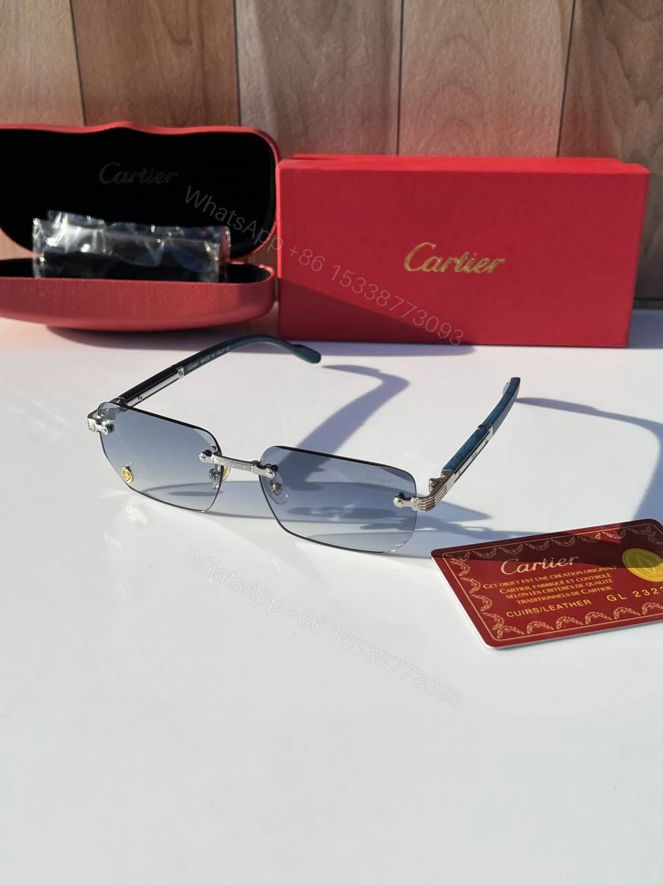 First Copy Cartier Rimless Blue Tint Sunglasses Silver Frame Unisex UV Protection — view 1