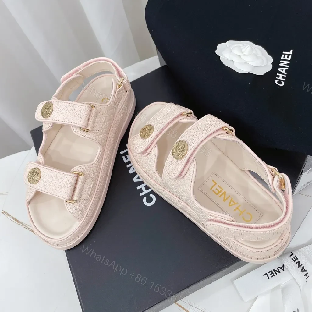 View 5 of Soft Pink Textured Sandals with Gold Button Accents