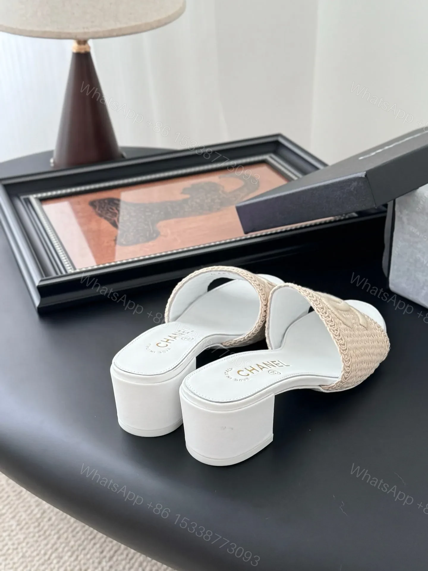 View 3 of Chanel Women Beige Woven Fabric Slides