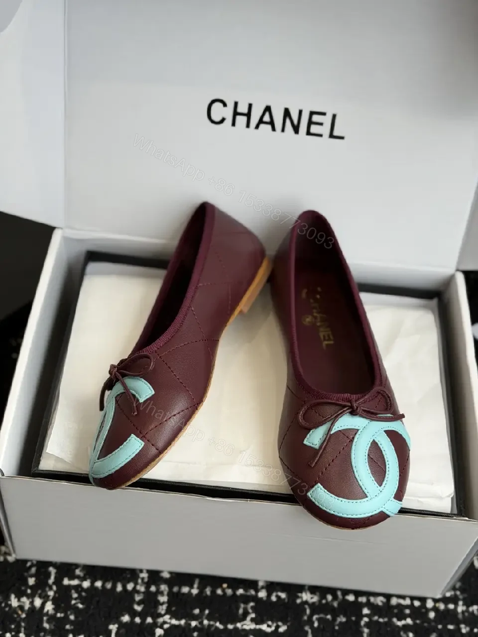 View 6 of Burgundy Leather Ballet Flats with Aqua Chanel Logo Details