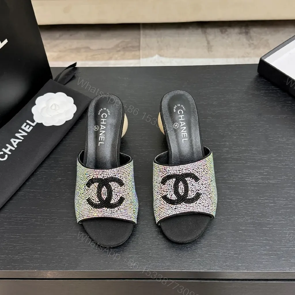 View 6 of Black Crystal-Embellished Satin Chanel Mules
